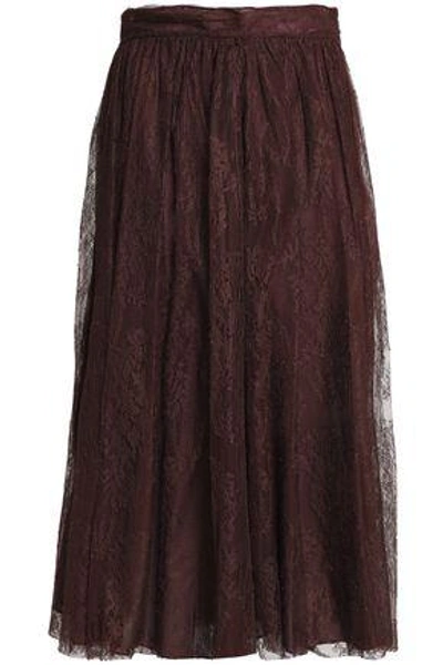 Shop Valentino Woman Gathered Silk Lace Midi Skirt Merlot