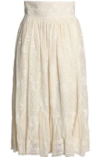 Shop Valentino Woman Pleated Broderie Anglaise Cotton Midi Skirt Ivory