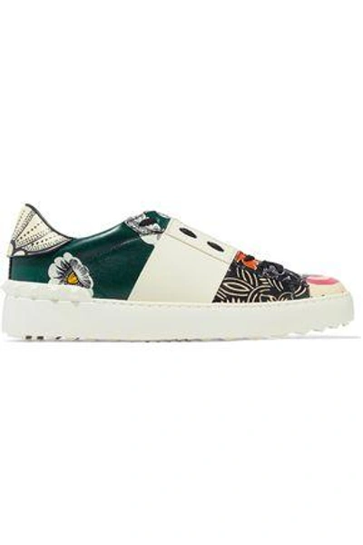 Shop Valentino Woman Studded Printed Leather Sneakers Off-white