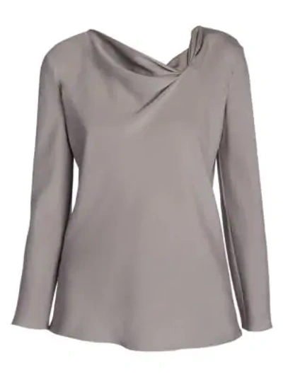 Shop Giorgio Armani Long-sleeve Drape Neck Silk Top In Grey