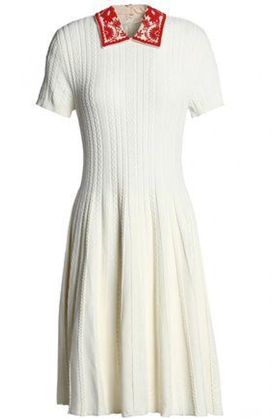 Shop Valentino Woman Embellished Crepe-trimmed Cable-knit Dress Ivory