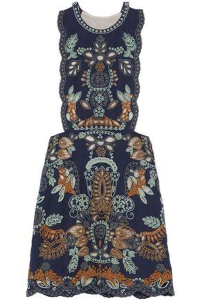 Shop Valentino Bead-embellished Cutout Linen Mini Dress In Navy