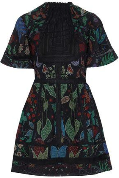 Shop Valentino Point D'esprit-trimmed Floral-print Silk Crepe De Chine Mini Dress In Black