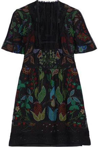 Shop Valentino Tulle-paneled Lace-trimmed Printed Silk Mini Dress In Black