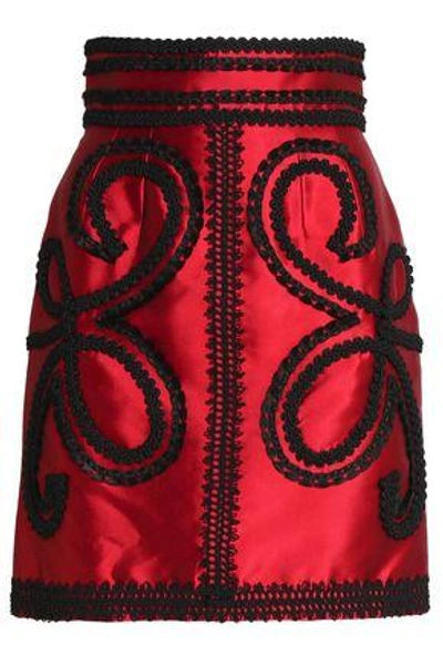 Shop Dolce & Gabbana Appliquéd Silk-blend Satin-twill Mini Skirt In Crimson