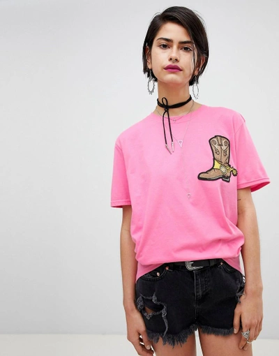 Shop Ragyard Oversized T-shirt With Cowboy Boot Patch - Pink