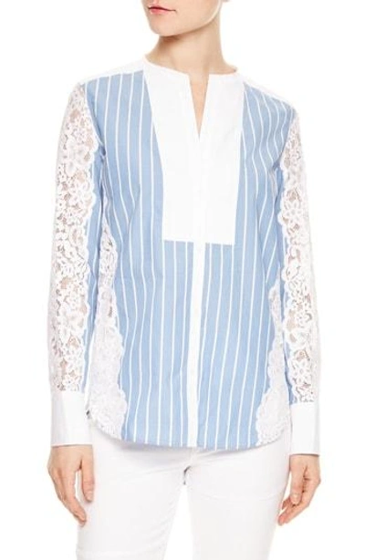Shop Sandro Stripe Lace Stretch Cotton Blouse In Sky Blue