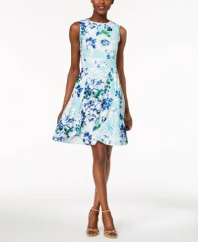 Shop Calvin Klein Petite Floral-print Fit & Flare Dress In Seaglass Multi