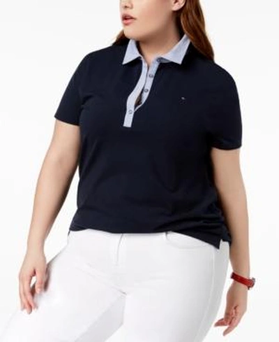 Shop Tommy Hilfiger Plus Size Chambray-collar Polo Top, Created For Macy's In Navy