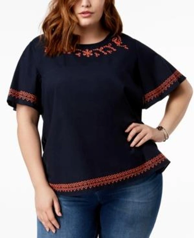 Shop Tommy Hilfiger Plus Size Cotton Embroidered-trim Top In Sky Captain