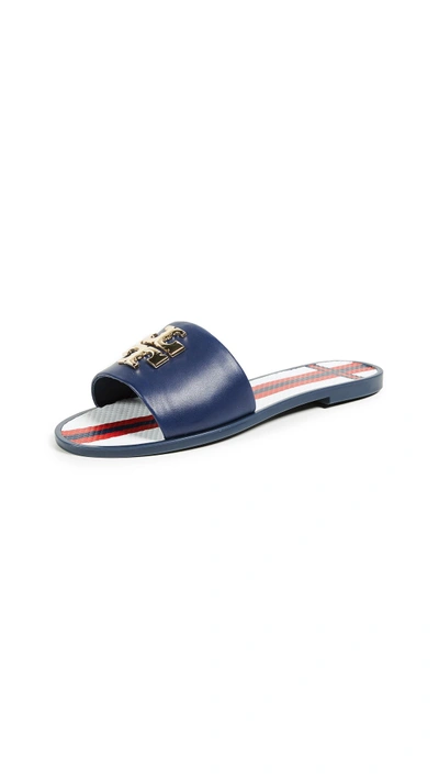 Shop Tory Burch Logo Jelly Slides In Navy Sea