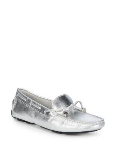 Shop Saks Fifth Avenue Lace-up Leather Driver Shoes In Silver