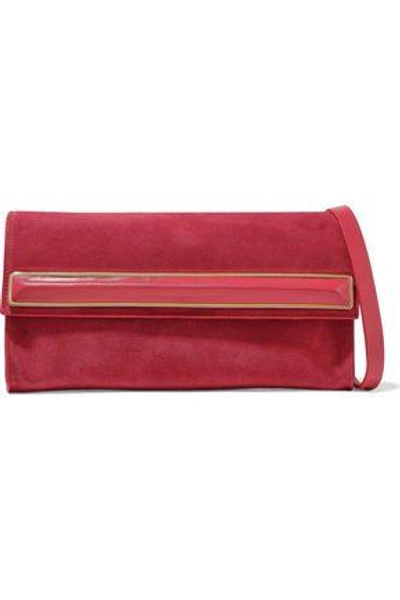 Shop Halston Heritage Leather-trimmed Embellished Suede Clutch In Crimson