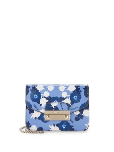 Shop Furla Small Leather Floral Crossbody Bag In Blue