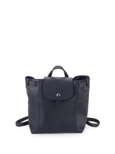 Shop Longchamp Le Pliage Cuir Leather Drawstring Backpack In Navy