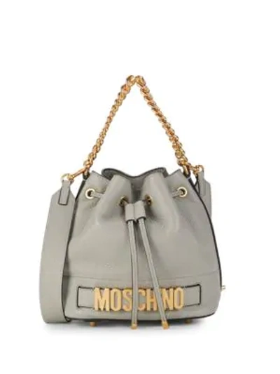 Shop Moschino Drawstring Leather Bucket Bag In Grey