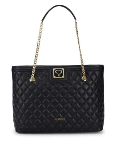 Shop Love Moschino Quilted Chain Faux Leather Tote In Black
