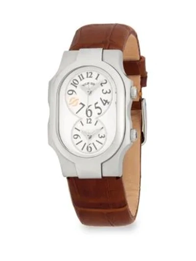 Shop Philip Stein Signature Leather Strap Watch In Silver