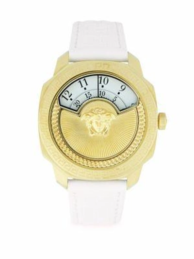 Shop Versace Greek Key Leather Strap Watch In Yellow Gold