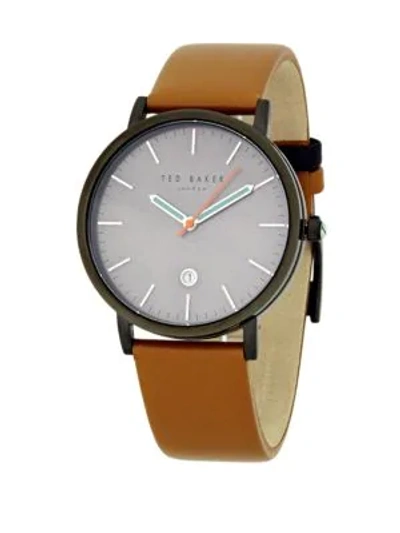 Shop Ted Baker Leather Strap Watch In Gunmetal Brown