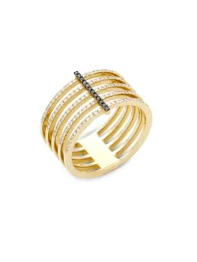 Shop Ef Collection Black Diamond And 14k Yellow Gold Bar Spiral Ring, 0.32 Tcw
