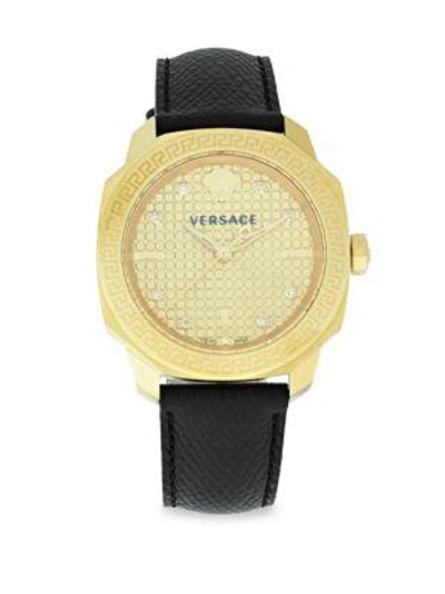 Shop Versace Greek Key Leather Strap Watch In Yellow Gold