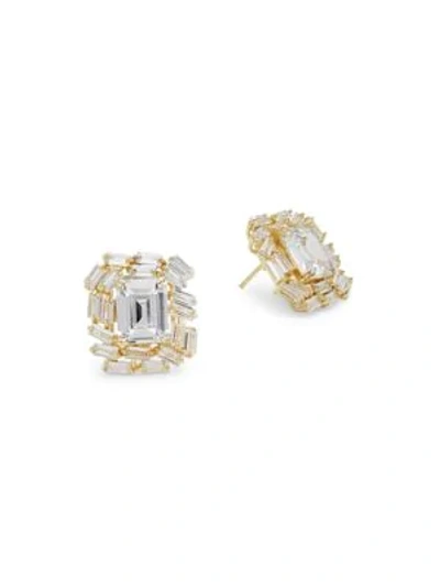 Shop Saks Fifth Avenue Crystal And Sterling Silver Square Stud Earrings In Gold