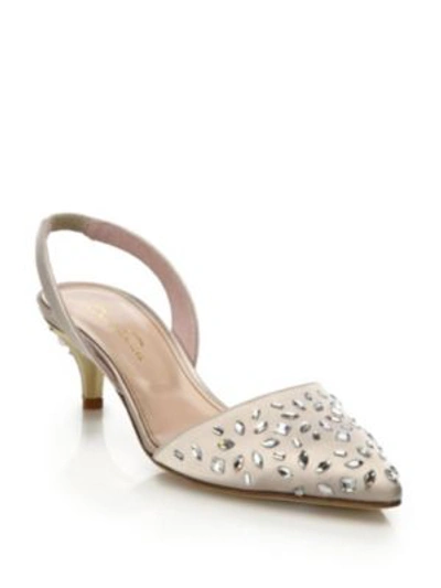 Shop Oscar De La Renta Sami Satin Crystal-embellished Slingback Mules In Bisque