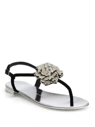 Shop Giuseppe Zanotti Swarovski Crystal Rose T-strap Velvet Sandals In Black