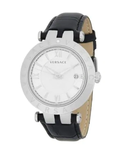 Shop Versace Men's V-race Silver Dial Leather Watch In Grey