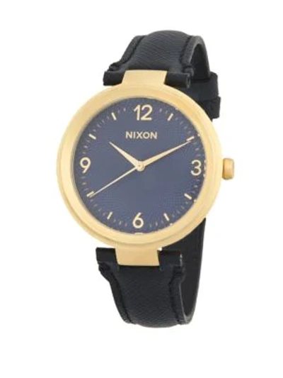 Shop Nixon Chameleon Leather Stainless Steel Quartz Strap Watch In Black Gold Navy
