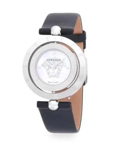 Shop Versace Logo Stainless Steel Leather Strap Watch In Grey