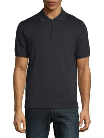 Shop Brioni Zip-neck Cotton Polo Shirt In Midnight Blue