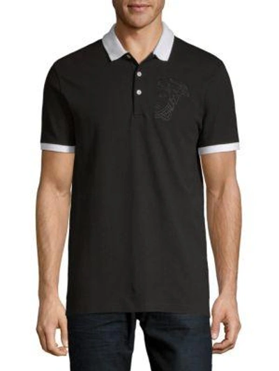 Shop Versace Embroidered Cotton Polo In Black