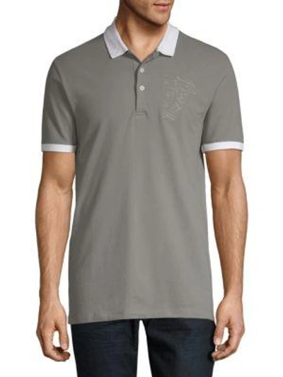 Shop Versace Embroidered Cotton Polo In Grey