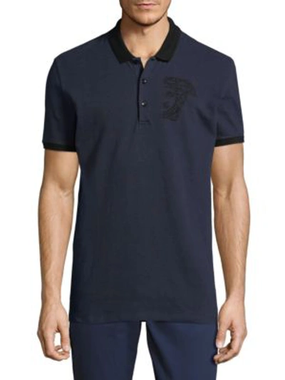 Shop Versace Embroidered Cotton Polo In Blue