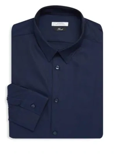 Shop Versace Textured Cotton Dress Shirt In Navy