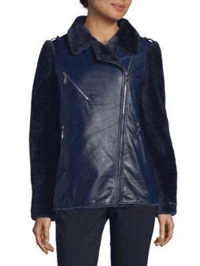 Shop Annabelle New York Lamb Fur Leather Moto Jacket In Navy