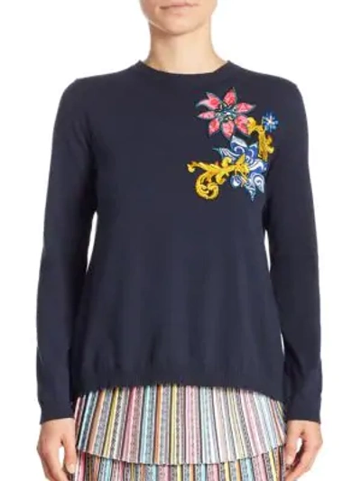 Shop Mary Katrantzou Embroidered Split-back Cotton Cropped Sweater In Tears Nuit