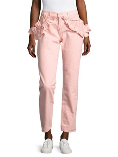 Shop J Brand Ruffled Slim-fit Ankle Jeans/red In Pink