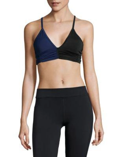 Shop Body Language Floral Printed Ruched Sports Bra In Black Navy
