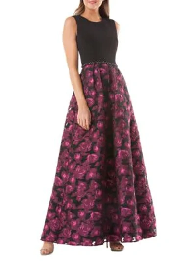 Shop Carmen Marc Valvo Infusion Embellished Crepe And Brocade Floor-length Gown In Black-pink