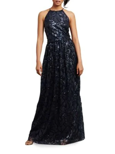 Shop Donna Morgan Tiffany Embellished Halterneck Dress In Midnight