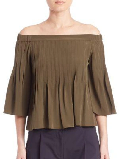 Shop Tibi Off-the-shoulder Pintucked Silk Top In Brown