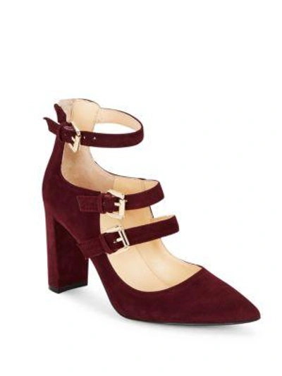 Shop Ivanka Trump Kamon Point Toe Buckled Suede Shoes In Dark Red