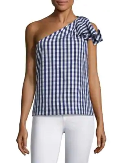 Shop Milly Cindy Gingham One-shoulder Top In Navy