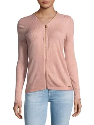 Shop Calvin Klein Ribbed Knit Zip Cardigan In Blush