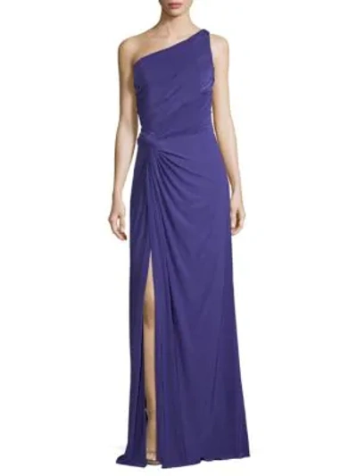 Shop Rene Ruiz One-shoulder Jersey Draped Gown In Purple