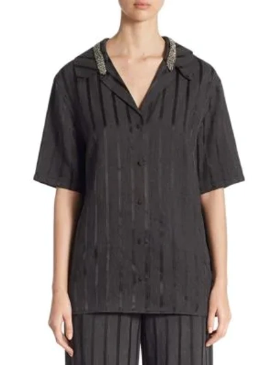 Shop Alexander Wang Crystal-trim Striped Short-sleeve Pajama Top In Black