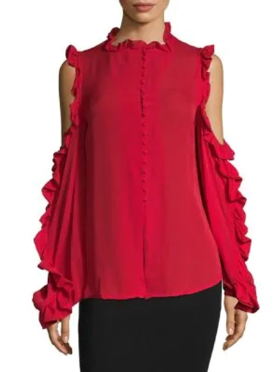 Shop Ronny Kobo Ruffle Cold Shoulder Top In Red